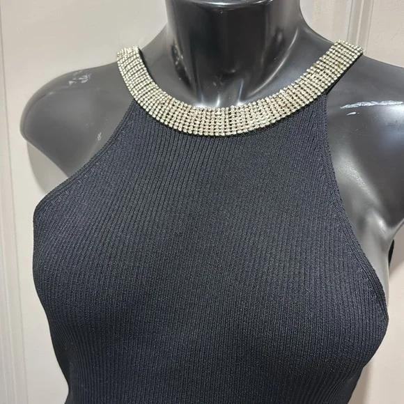 Anthropologie Endless Rose black jewel trim backless knit mini dress S - Picture 3 of 9